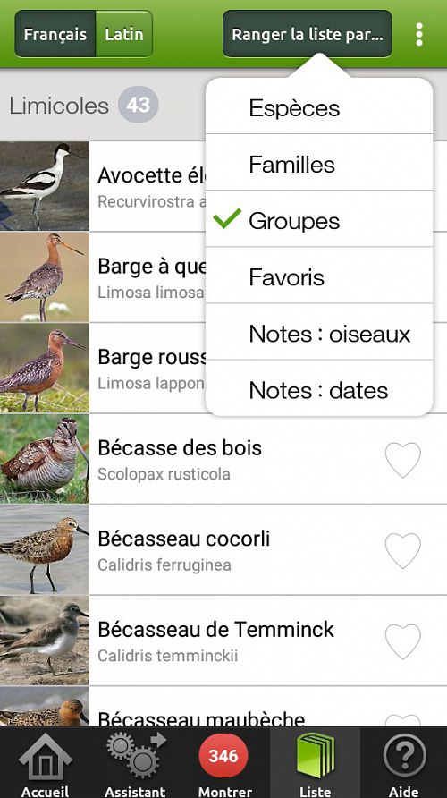 Oiseaux en poche - 348 Oiseaux d’Europe dans votre smartphone - liste